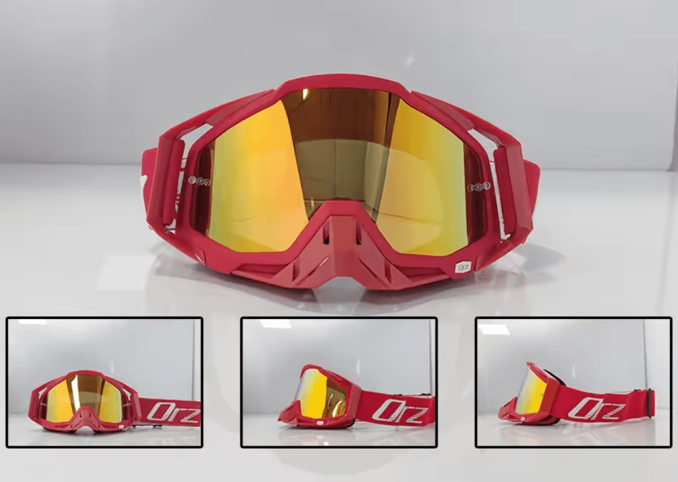 ORZ motocross goggles with a red frame and gold mirrored lens