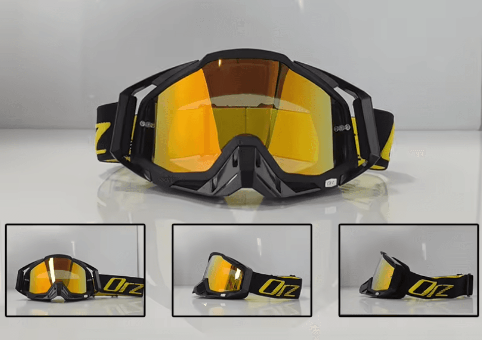 ORZ motocross goggles with a black frame and gold mirrored lens
