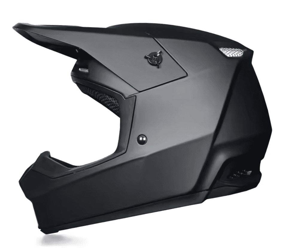 Matte black ORZ rally motocross helmet viewed from the side