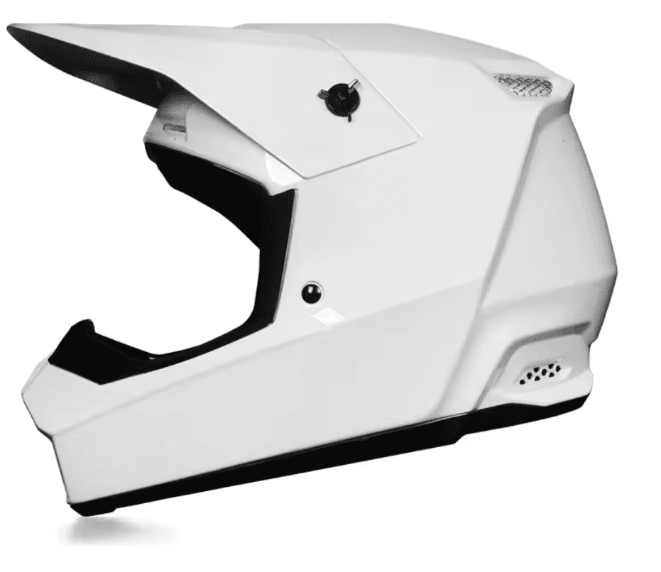 Gloss white ORZ rally motocross helmet viewed from the side